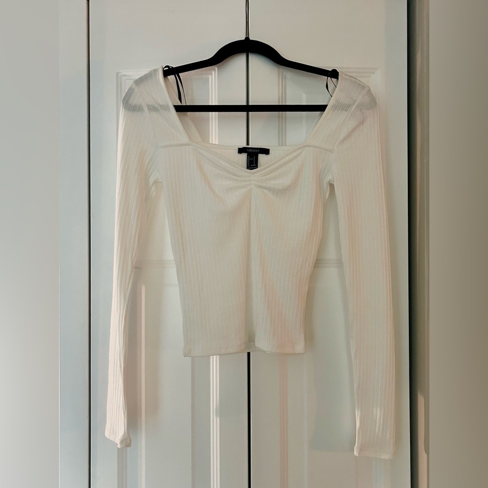 Forever 21 Women’s Dainty Feminine Cottagecore White Ribbed Long Sleeve Top